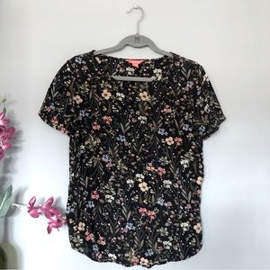 Joe Fresh 100% silk floral multicolor black crewneck short sleeve blouse XS